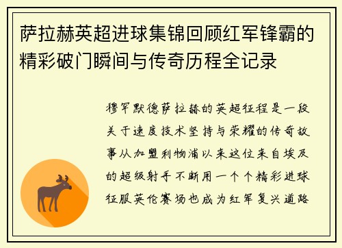 萨拉赫英超进球集锦回顾红军锋霸的精彩破门瞬间与传奇历程全记录